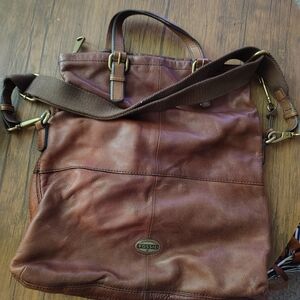 Fossil Brown Leather Messenger Tote with Adjustable Strap